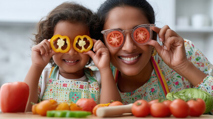 happy indian mother and daughter playing with vegetables in kitchen