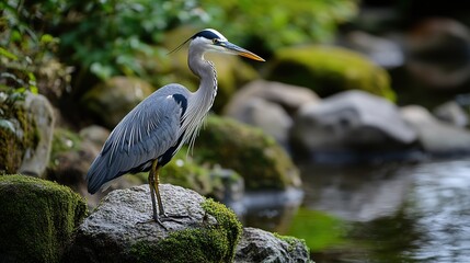Fototapeta premium Traditional Japanese heron animal bird Ciconiiformes. Elegant wading bird with distinctive plumage and graceful posture. Natural habitat and cultural significance in Japanese wildlife.