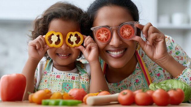 happy indian mother and daughter playing with vegetables in kitchen
