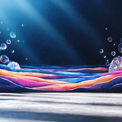 Abstract Whimsical Ocean Scene with Rainbow Waves and Bubbles