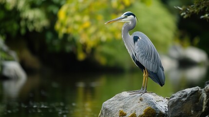 Fototapeta premium Traditional Japanese heron animal bird Ciconiiformes. Elegant wading bird with distinctive plumage and graceful posture. Natural habitat and cultural significance in Japanese wildlife.
