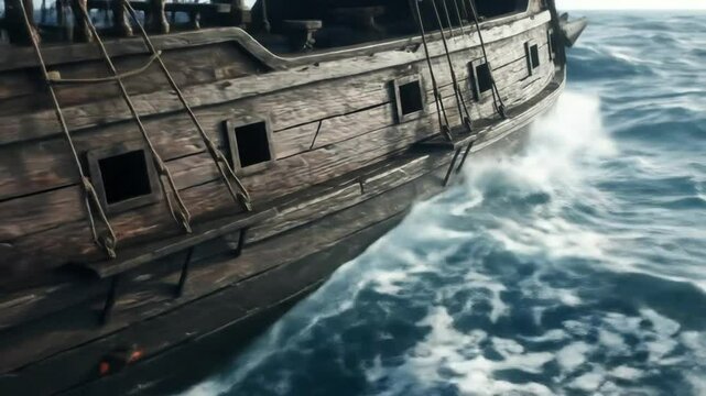 Detailed wooden ship hull moving through water