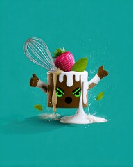 Angry Cartoon Cake Character with Strawberry and Whisk on Teal Background