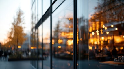 A sleek glass facade reflects a warm autumnal glow, capturing the essence of cozy gatherings and the lively atmosphere of a modern café during twilight hours.