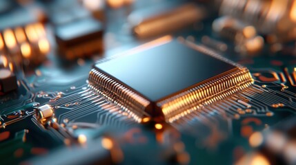 An intricate close-up shot of a microchip showcasing its complex circuit design, highlighting the sophistication and technological advancements of modern electronics and digital innovations.