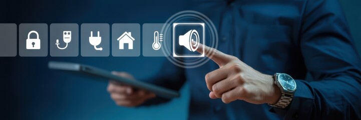Person interacting with digital home security interface.