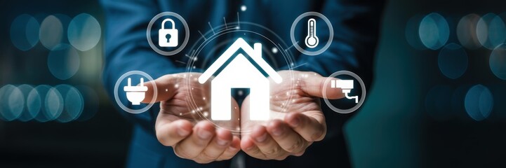 Hands holding a digital representation of a smart home.