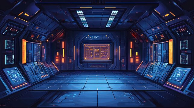 Futuristic spaceship interior, glowing controls