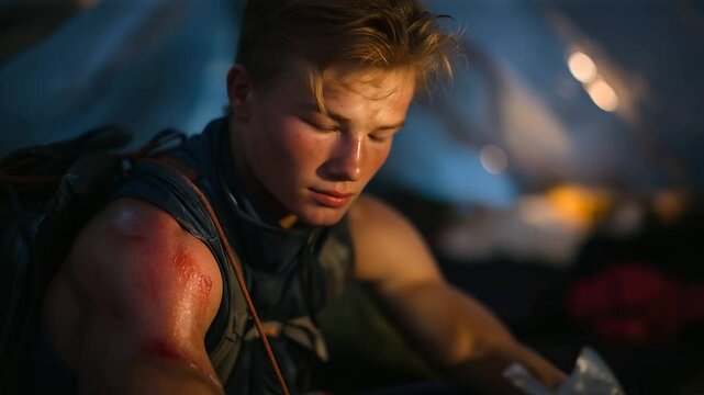 Injured climber applying burn cream on rope burn injury