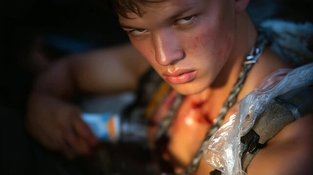Injured climber applying burn cream to rope burn on arm