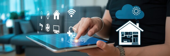 A person interacts with a smart home control interface on a tablet.