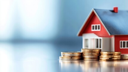 A model of a cozy red and white house is surrounded by stacked coins, symbolizing real estate investment and financial growth in the housing market.