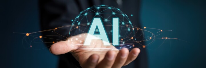 Holographic representation of artificial intelligence in a hand.