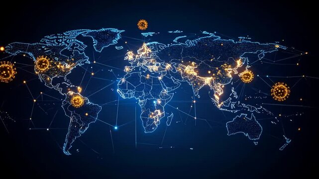 Global Pandemic Spread Visualization: Digital World Map with Coronavirus Icons Overlay - Powered by Adobe