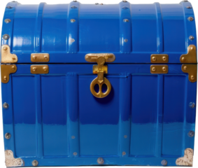 Blue treasure chest with closed lid and golden decorations isolated on transparent background