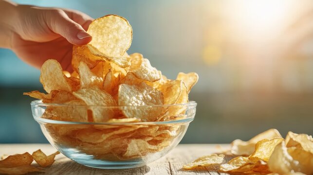 A hand grasping a crisp potato chip from a glass bowl filled with golden, crunchy snacks. This image evokes a sense of indulgence and casual enjoyment of life's simple pleasures.