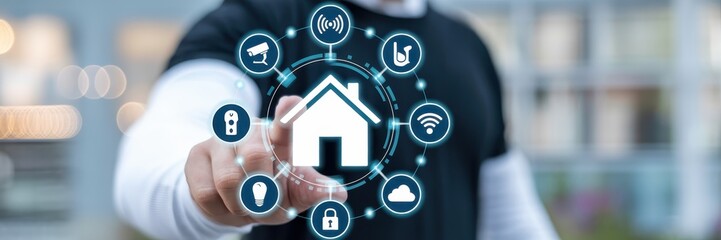 Person interacting with a digital home automation interface.