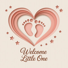 Baby Footprints in Layered Heart with “Welcome Little One” Quote – Pink Paper Cut Style