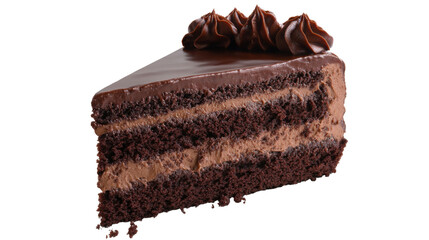 slice of chocolate cake with multiple layer on white background