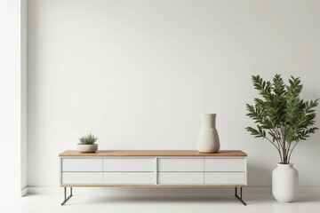 A white and brown wooden entertainment center sits in front of a white wall. A potted plant sits next to the vase. The room is empty and clean