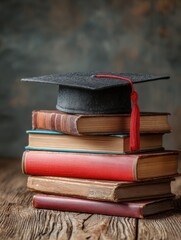 Books, graduation cap on wooden table. Education concept. Learning, knowledge. Lifelong learning. Transition to online learning platforms, AI tutors. Focus on education innovation, trends. Industry