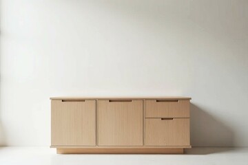 A wooden table with three drawers sits in front of a white wall. The table is empty and has a simple, clean design. The white wall behind the table creates a sense of spaciousness