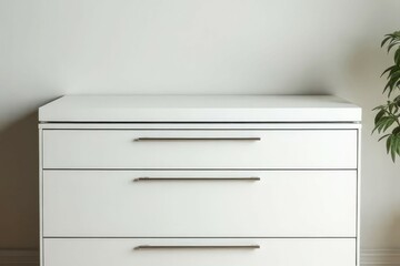 Fototapeta premium A white dresser with three drawers sits in a room. The dresser is empty and has a clean, minimalist appearance. The room is also empty, with only a potted plant in the corner