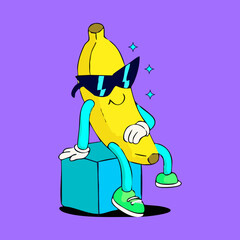 A cool banana wearing sunglasses sits on a teal cube