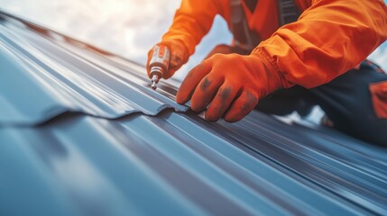 A construction worker in a bright orange suit secures roof panels on a building under blue skies, emphasizing safety, craftsmanship, and the dedication required in construction work.