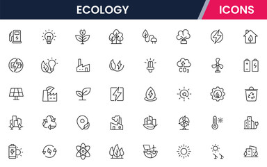 Vector illustration web line icon collection for ecology: nature, sustainability, renewable energy, and green living symbols in a clean, modern, eco-friendly style.