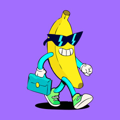 A stylized banana character, wearing sunglasses and carrying a briefcase, is walking.  It's depicted in a cartoon style with bold colors and a dynamic pose
