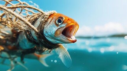A vibrant goldfish struggling to escape from tangled fishing nets in clear water, portraying the impact of pollution on marine life and the urgency of ocean conservation efforts.