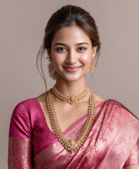 young indian woman wearing traditional sari and jewelery