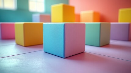 Obraz premium Abstract arrangement of pastel cubes in a colorful minimalist setting offering a playful mood