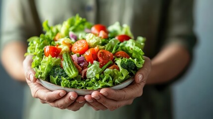 A vibrant bowl of fresh salad filled with bright tomatoes, crisp lettuce, and assorted vegetables radiates health and vitality, showcasing the beauty of wholesome food.