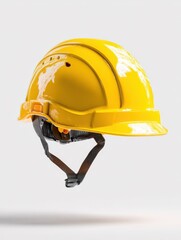 construction A floating yellow safety helmet with no visible surface contact, suspended against a pure white back1