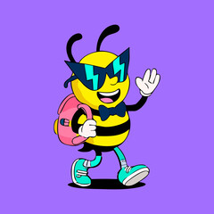 A bee wearing sunglasses, a bow tie, and walking with a backpack and a bright teal-colored shoe