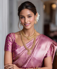 young indian woman wearing traditional sari and jewelery