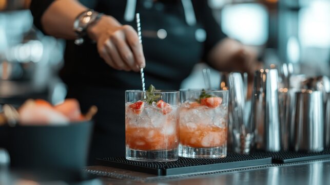 A bartender skillfully prepares two refreshing cocktails garnished with strawberries, served in modern glasses, providing an inviting atmosphere perfect for gatherings and celebrations.