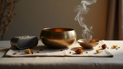 Contemplative Still Life, Singing Bowls, Incense, and Modern Speaker for Relaxation and Meditation Practice