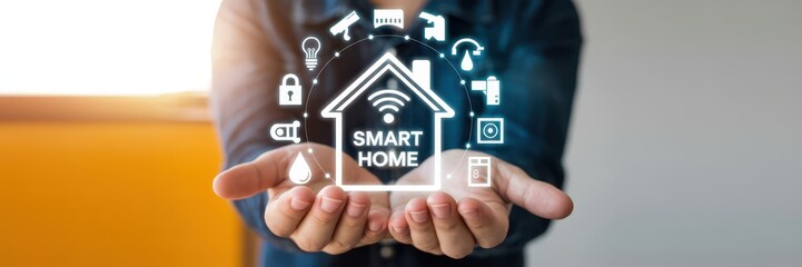 Hands holding a projected smart home concept.