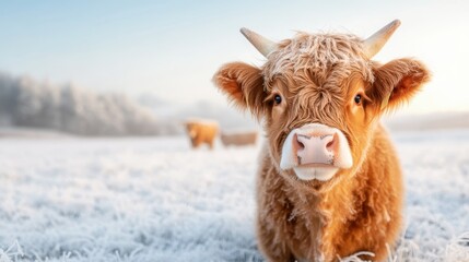 A cute Highland cow stands in a frosty field, surrounded by a winter landscape that highlights the beauty of nature and the charm of rural life during cold months.