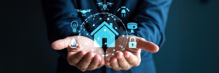 Hands holding a holographic representation of a smart home.