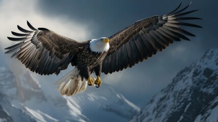 Obraz premium A bold bald eagle soars with wings spread against a mountain backdrop.