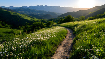 Fototapeta premium A hiking trail in a summer mountain range, surrounded by rolling hills, vibrant flowers, and clear skies above.