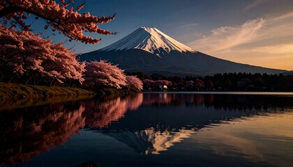 Majestic Mount Fuji in Spring Cherry Blossoms and Serene Reflections