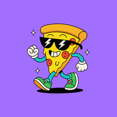 Cartoon pizza slice, wearing sunglasses and walking
