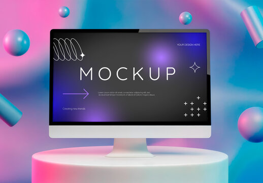 Computer Monitor Mockup on Gradient Background with Geometric Forms