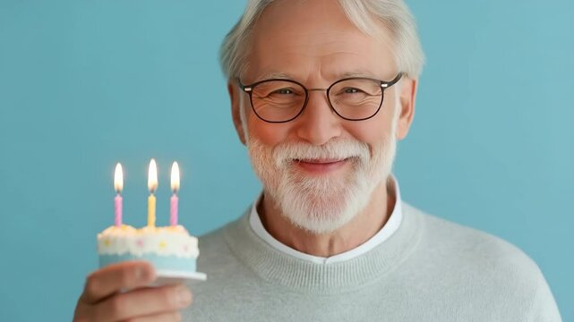 A man is holding a small cake with three candles on it. He is smiling and he is celebrating his birthday