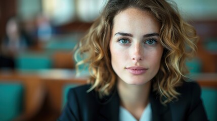 Fototapeta premium A poised young woman with curly hair gazes directly at the camera, exuding confidence and professionalism, set against a blurred background of a business environment.
